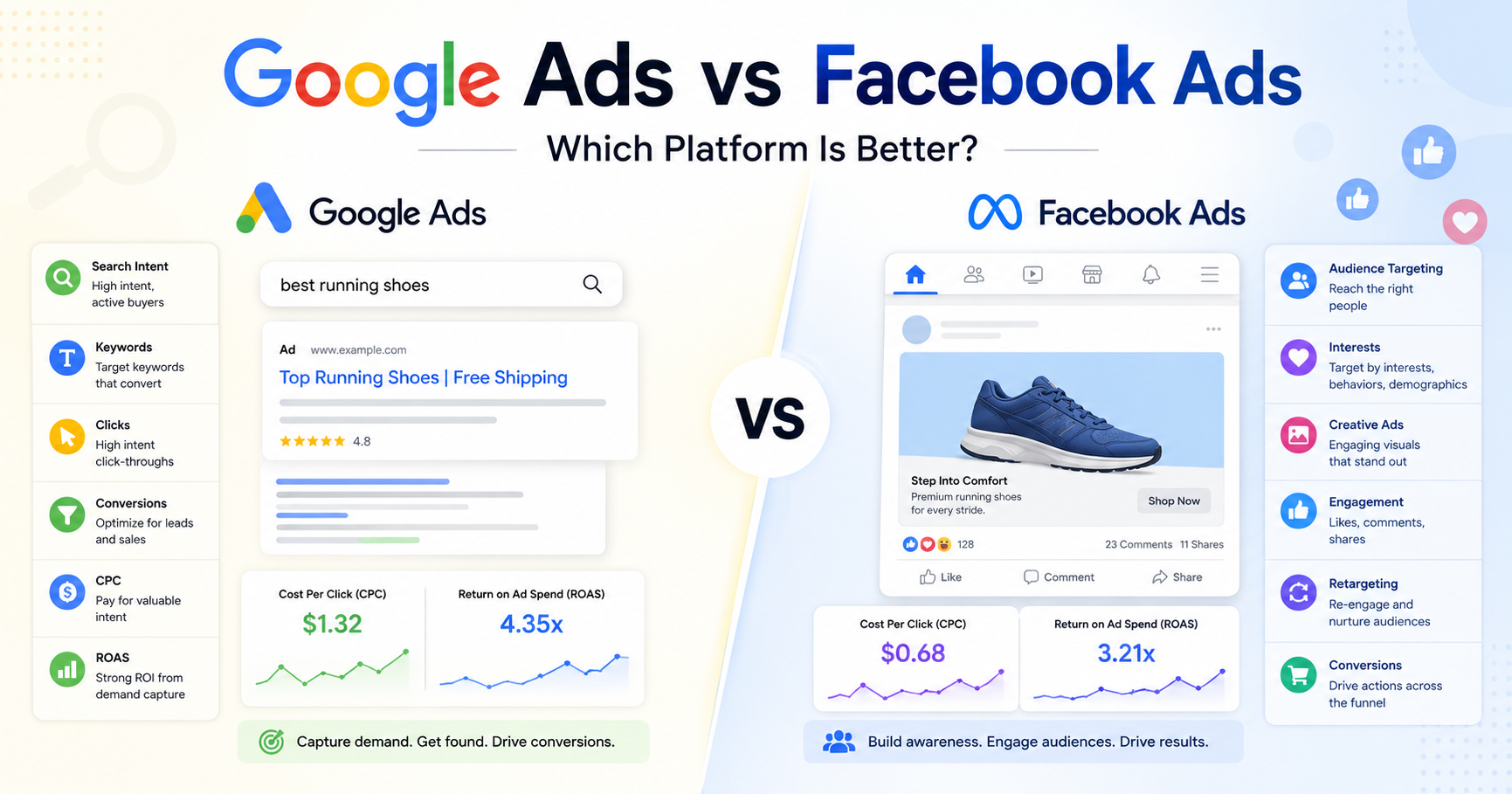 Google Ads vs Facebook Ads comparison showing targeting, cost, customer intent and advertising goals